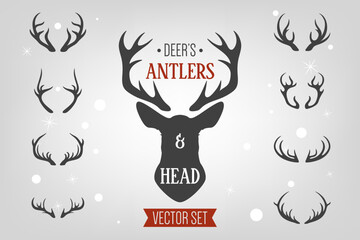 Vector Reindeer Horns, Antlers. Deer Horn Silhouettes. Hand Drawn Deers Horn, Antler Set. Animal Antler Collection. Design Elements of Deer. Wildlife Hunters, Hipster, Christmas and New Year concept