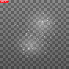 The dust sparks and golden stars shine with special light. Vector sparkles on a transparent background. Christmas light effect. Sparkling magical dust particles.