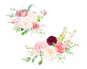 Pink garden roses, ranunculus, peony, hydrangea, dahlia flowers vector design bouquets