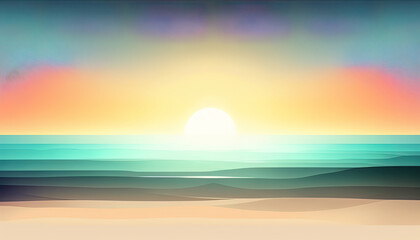 Fototapeta na wymiar Sunrise at sea and beach landscape background and wallpaper. A colorful digital art sunset at the beach. Digital illustration generative AI.