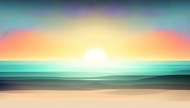 Sunrise at sea and beach landscape background and wallpaper. A colorful digital art sunset at the beach. Digital illustration generative AI.