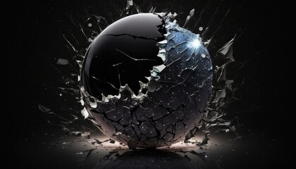 Photo ping glossy broken glass ball too small in black univers background- generative ai