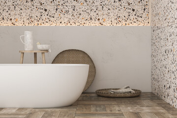 Modern minimalist bathroom interior, interior plants, bathroom accessories, bathtub, white wall,...