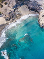 Porto dos Frades beach at Porto Santo Island. Clear water and golden sand beach. Copy space.