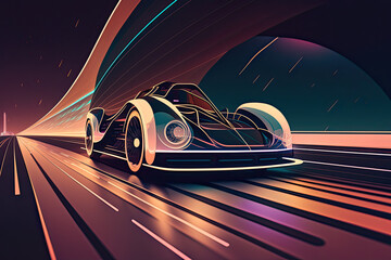 Fototapeta na wymiar The Future Car: A electric car speeds down a futuristic road. Generative AI