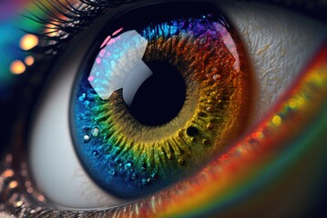 Fototapeta Close up of abstract human eye in rainbow color, realistic beautiful sharp zoom, created by Generative AI. obraz