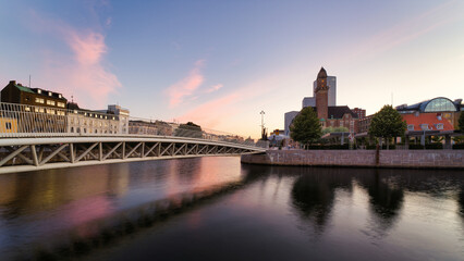 Cityscape downtown Malmo, Sweden during summer sunset. 