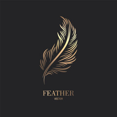 Vector Fluffy Golden Color Feather Logo Icon, Silhouette Feather Closeup Isolated. Design Template of Flamingo, Angel, Bird Feather. Lightness, Freedom Concept