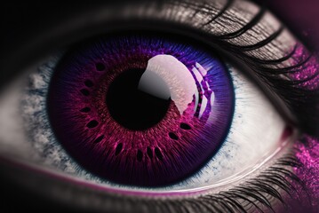 Close up human magenta eye realistic beautiful closeup zoom, created by Generative AI.
