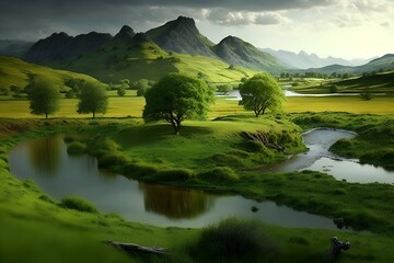 Fototapeta na wymiar Lush Green Mountain Landscape with Trees along Waterway