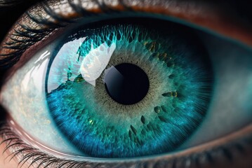 Close up human cyan blue eye realistic beautiful closeup zoom, created by Generative AI.