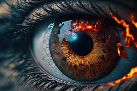 Close up human fire eye realistic beautiful closeup zoom, created by Generative AI.