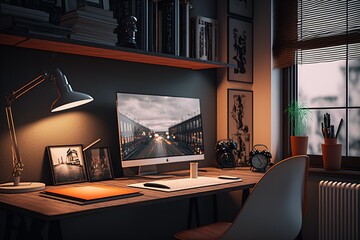 Home Office with Computer Display, Desktop Plants, Framed Wall Art and Upper Shelf