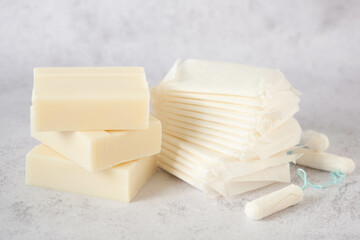 feminine intimate hygiene soap, pads and tampons