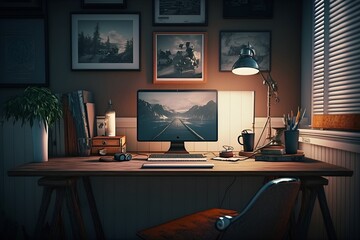 Modern Home Office with LCD Computer and Framed Wall Art