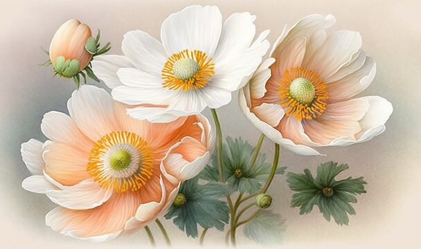  a painting of three white and orange flowers with green leaves.  generative ai