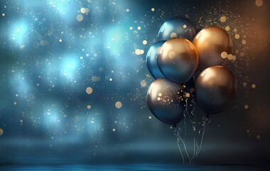 Fototapeta na wymiar Balloons for the holiday. Gold and blue. bokeh. Banner. Copy space. AI generated
