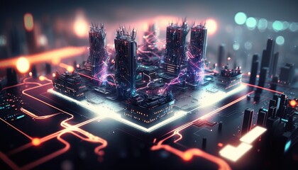 Fototapeta na wymiar Smart city on circuit board background - generative ai