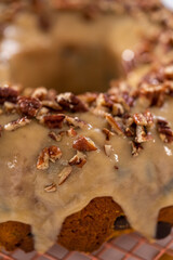 Chocolate pumpkin bundt cake with toffee glaze
