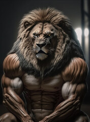 Portrait of a strong male lion in a gym. Bodybuilding concept. Generative AI