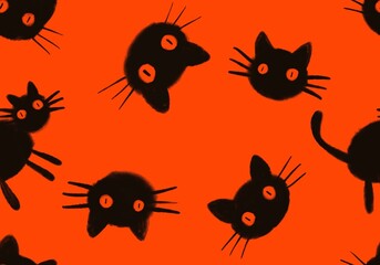 Halloween animals seamless black cats paint markers pattern for wrapping paper and fabrics and linens and kids