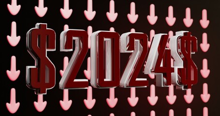 Texto de 2024 rojo con símbolo de dinero y fondo de flechas rojas bajando