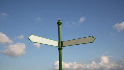 Blank directional forked road sign over sunny blue sky