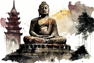 Big Buddha watercoler background - generative ai