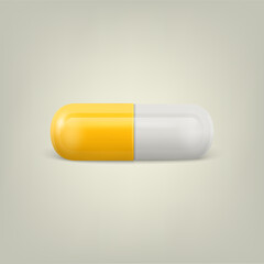 Vector 3d Realistic Yellow and White Pharmaceutical Medical Pill, Capsule, Tablet on White Background. Front View. Copy Space. Medicine, Health Concept