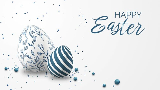White background with realistic 3D models of Easter eggs with patterns. Looped spring animation with falling blue balls and confetti. Happy Easter.