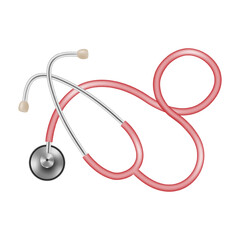 Medical device realistic statoscope on a white background. Medical instrument for listening heart or breathing, typically having disk-shaped resonator and two tubes connected to earpieces. Vector. - obrazy, fototapety, plakaty