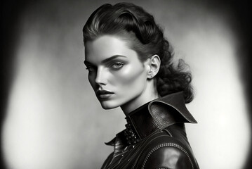 Beautiful fashionable woman in leather jacket. AI generate image.