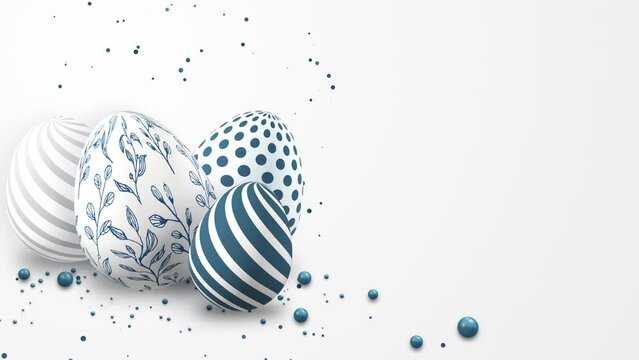 Happy easter template with blue rustic floral eggs, looped white animated 3d background with empty space for text.
