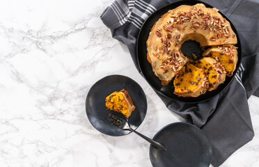 Chocolate pumpkin bundt cake with toffee glaze