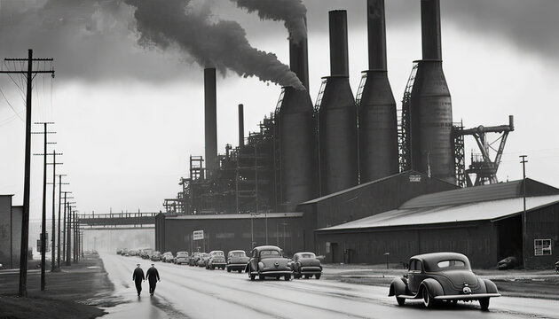 Gritty black and white photograph of an old steel mill with retro 1940s cars on the road and steelworkers walking to work. Fictional location.