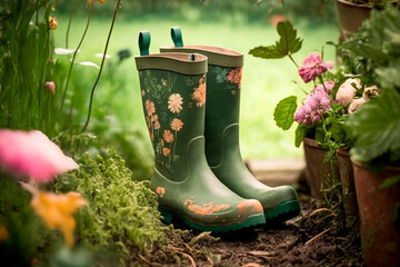 Old rubber boots planted with flowers in the garden - obrazy, fototapety, plakaty