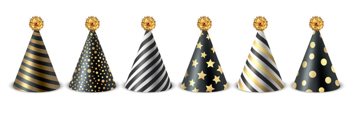 Vector 3d Realistic Black and Golden Birthday Party Hat Icon Set Isolated on White Background. Party Cap Design Template for Party Banner, Greeting Card. Holiday Hats, Cone Shape, Front View