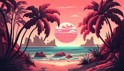 Tropical synth wave style Sunset Poster and Wallpaper - Generative AI Illustration