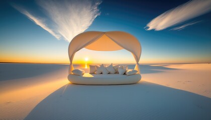 Fototapeta na wymiar luxury beach tent and bed at sunset for lovers