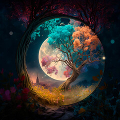 Obraz na płótnie Canvas Illustration fantasy fairy tale tree landscape with moon in the evening AI generated content