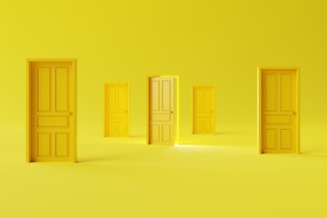 Lots of closed doors and one open. The concept of making decisions, entering new places, crossing borders. 3d render, 3d illustration