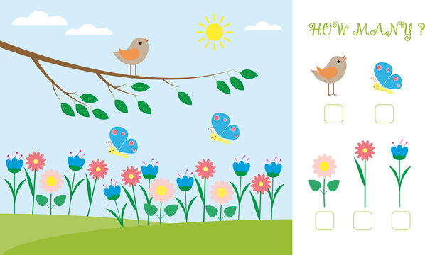 Educational math game for kids. Count how many objects are in the picture. Spring forest, bird, butterflies and flowers.