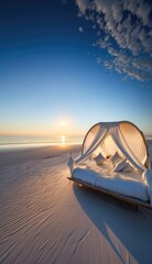 luxury beach tent and bed at sunset for lovers