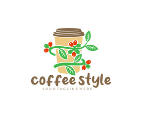 Coffee, paper coffee cup, coffee branch with beans and leaves, logo design. Coffee house, cafe, plant, fruit, food, drink and drinking, vector design and illustration