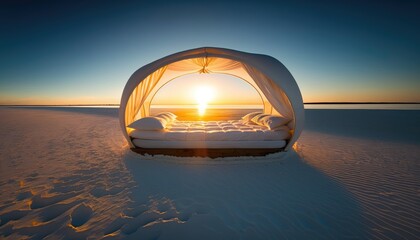 sunset on the beach with white bed