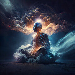 Meditating man in yoga lotus pose. Human existence concept. Surreal illustration. Generative AI. - obrazy, fototapety, plakaty