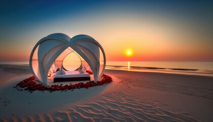 Fototapeta na wymiar white luxury beach bed at sunset, lovers, valentine