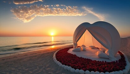 sunset over the sea and luxury beach bed