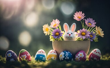 Painted Easter eggs and a bunny figurine