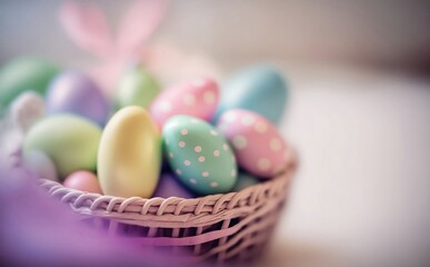 Fototapeta na wymiar Pastel colorful Easter eggs in a basket